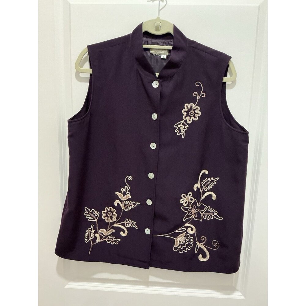 Coldwater Creek Vest Large Women's Dark Purple White Embroidery Button Up